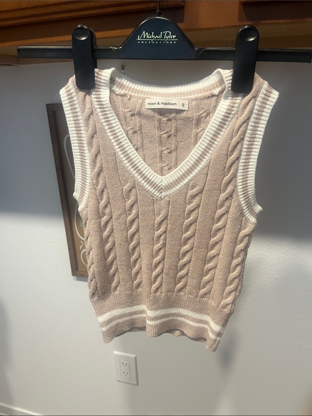 moon & madison Beige Cable Knit V-Neck Sweater Vest with White Trim
